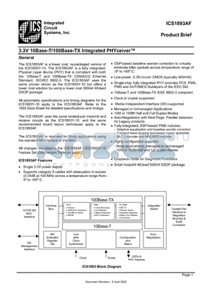 ICS1893AF datasheet - 3.3V 10Base-T/100Base-TX Integrated PHYceiverTM