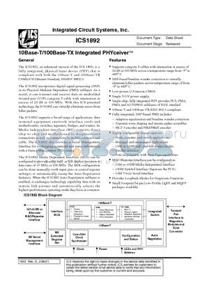 ICS1892 datasheet - 10Base-T/100Base-TX Integrated PHYceiver