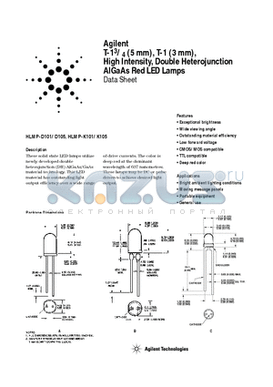 HLMP-D101-J00A1 datasheet - T-1 3/4 (5 mm), T-1 (3 mm), High Intensity, Double Heterojunction AlGaAs Red LED Lamps