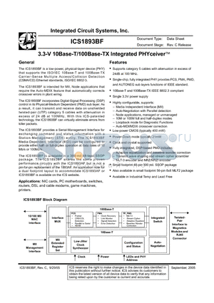 ICS1893BF datasheet - 3.3-V 10Base-T/100Base-TX Integrated PHYceiver