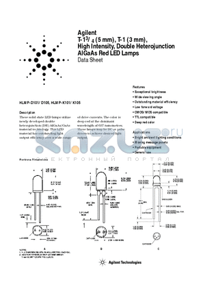 HLMP-D101-J0000 datasheet - T-1 3/4 (5 mm), T-1 (3 mm), High Intensity, Double Heterojunction AlGaAs Red LED Lamps