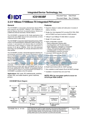 ICS1893BF datasheet - 3.3-V 10Base-T/100Base-TX Integrated PHYceiver