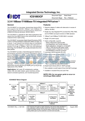 ICS1893CFIT datasheet - 3.3-V 10Base-T/100Base-TX Integrated PHYceiver