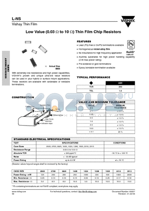 L-0505N1R60HBBS datasheet - Low Value (0.03 Y to 10 Y) Thin Film Chip Resistors