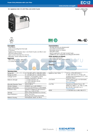 EC12.2101.001 datasheet - IEC Appliance Inlet C14 with Filter, Line Switch 2-pole