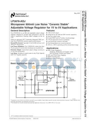 LP3878MRX-ADJ datasheet - Micropower 800mA Low Noise(Ceramic Stable) Adjustable Voltage Regulator for 1V to 5V Applications