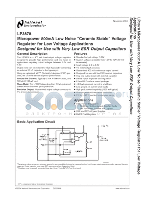 LP3878 datasheet - Micropower 800mA Low Noise Ceramic Stable Voltage Regulator for Low Voltage Applications Designed for Use with Very Low ESR Output Capacitors