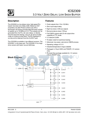 ICS2309GI-1HLFT datasheet - 3.3 VOLT ZERO DELAY, LOW SKEW BUFFER