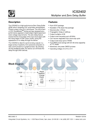 ICS2402M datasheet - Multiplier and Zero Delay Buffer