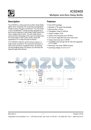 ICS2402MLF datasheet - Multiplier and Zero Delay Buffer