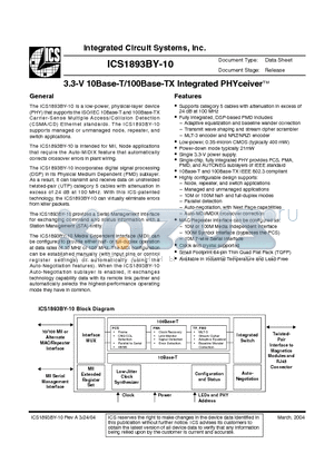 ICS1893BYI-10LF datasheet - 3.3-V 10Base-T/100Base-TX Integrated PHYceiver