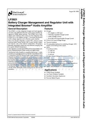 LP3921 datasheet - Battery Charger Management and Regulator Unit with Integrated Boomer^ Audio Amplifier
