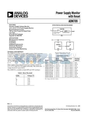 ADM709 datasheet - Power Supply Monitor with Reset