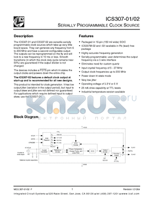 ICS307M-01T datasheet - SERIALLY PROGRAMMABLE CLOCK SOURCE