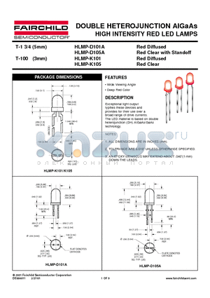 HLMP-D101A datasheet - DOUBLE HETEROJUNCTION AIGaAs HIGH INTENSITY RED LED LAMPS
