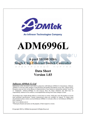 ADM6996L datasheet - 6 port 10/100 Mb/s Single Chip Ethernet Switch Controller