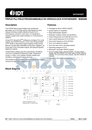 ICS345RIPLFT datasheet - TRIPLE PLL FIELD PROGRAMMABLE SS VERSACLOCK SYNTHESIZER