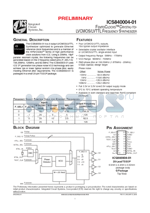 ICS40004A01L datasheet - FEMTOCLOCKS CRYSTAL-TO LVCMOS/LVTTL FREQUENCY SYNTHESIZER