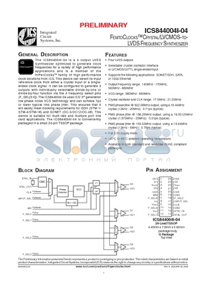 ICS44004AI04L datasheet - FEMTOCLOCKS CRYSTAL/LVCMOS-TO-LVDS FREQUENCY SYNTHESIZER