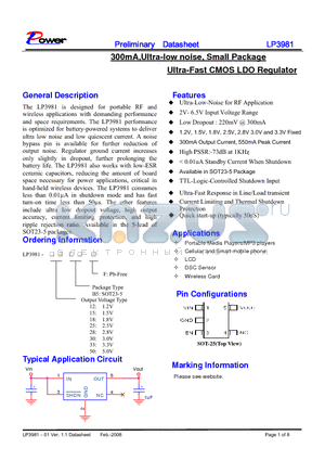 LP3981-15B5F datasheet - 300mA,Ultra-low noise, Small Package Ultra-Fast CMOS LDO Regulator