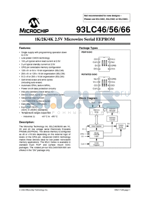 93LC46XT-I/P datasheet - 1K/2K/4K 2.5V Microwire Serial EEPROM