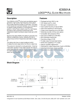 ICS501A datasheet - LOCO PLL CLOCK MULTIPLIER