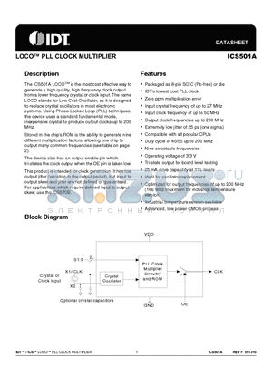 ICS501A datasheet - LOCO PLL CLOCK MULTIPLIER