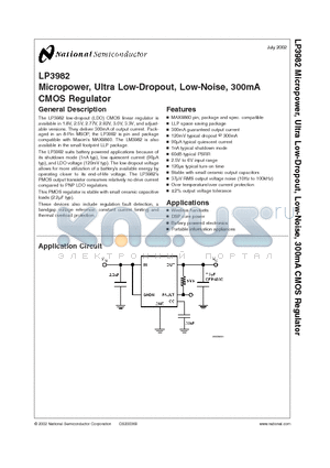 LP3982ILD-3.0 datasheet - Micropower, Ultra Low-Dropout, Low-Noise, 300mA CMOS Regulator