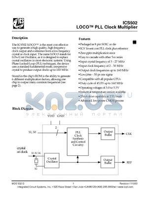 ICS502MIT datasheet - LOCO PLL Clock Multiplier