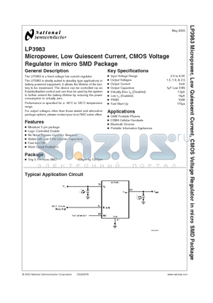 LP3983 datasheet - Micropower, Low Quiescent Current, CMOS Voltage Regulator in micro SMD Package