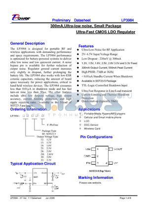 LP3984-18B5F datasheet - 300mA,Ultra-low noise, Small Package Ultra-Fast CMOS LDO Regulator