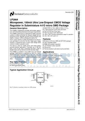 LP3984IBP-1.5 datasheet - Micropower, 150mA Ultra Low-Dropout CMOS Voltage Regulator in Subminiature 4-I/O micro SMD Package