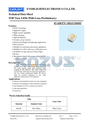 67-11B/T7C-MX1Y2M/BT datasheet - TOP View LEDs With Lens (Preliminary)