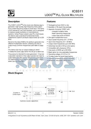 ICS511 datasheet - LOCO PLL Clock Multiplier