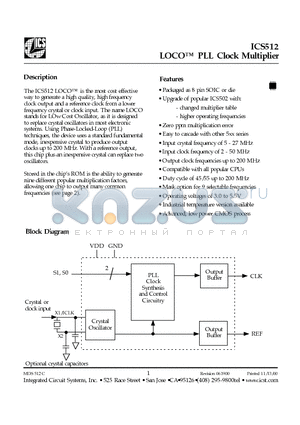 ICS512MIT datasheet - LOCO PLL Clock Multiplier