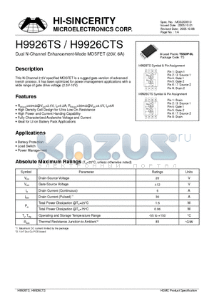 H9926CTS datasheet - Dual N-Channel Enhancement-Mode MOSFET (20V, 6A)