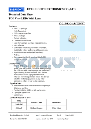 67-21B-S2C-AS1T2B-BT datasheet - TOP View LEDs With Lens