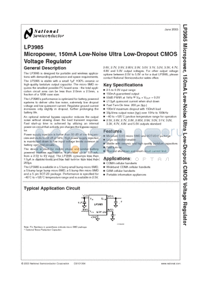 LP3985ITL-2.9 datasheet - Micropower, 150mA Low-Noise Ultra Low-Dropout CMOS Voltage Regulator