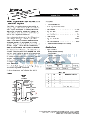 HA-2406_02 datasheet - 30MHz, Digitally Selectable Four Channel Operational Amplifier