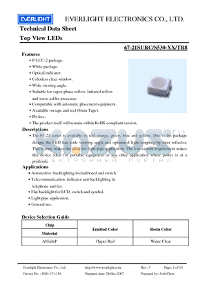 67-21SURC-S530-A2-TR8 datasheet - Top View LEDs