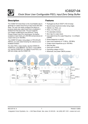 ICS527R-04T datasheet - Clock Slicer User Configurable PECL input Zero Delay Buffer