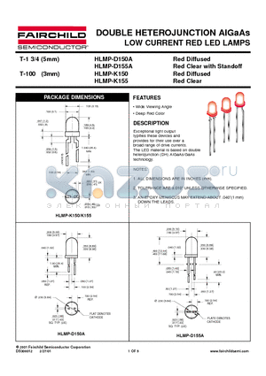 HLMP-D150 datasheet - DOUBLE HETEROJUNCTION AIGaAs LOW CURRENT RED LED LAMPS