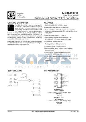ICS5314AI11L datasheet - LOW SKEW, 1-TO-5 DIFFERENTIAL-TO-2.5V/3.3V LVPECL FANOUT BUFFER