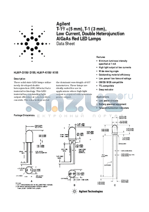 HLMP-D150-10000 datasheet - T-13/4 (5 mm), T-1 (3 mm), Low Current, Double Heterojunction AlGaAs Red LED Lamps