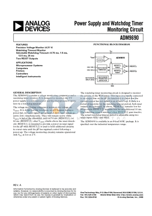 ADM9690 datasheet - Power Supply and Watchdog Timer Monitoring Circuit