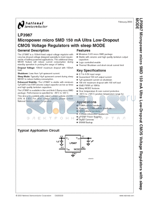 LP3987 datasheet - Micropower micro SMD 150 mA Ultra Low-Dropout CMOS Voltage Regulators with sleep MODE