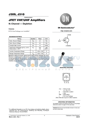 J310 datasheet - JFET VHF/UHF Amplifiers N.Channel . Depletion