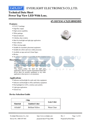 67-31F-YSC-CX2Y1B9Z5-BT datasheet - Technical Data Sheet Power Top View LED With Lens.