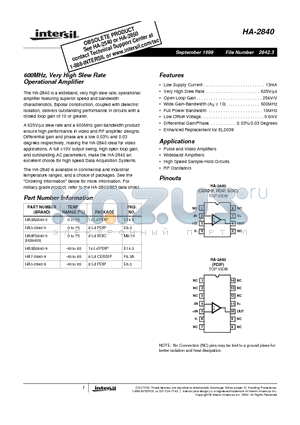 HA-2840 datasheet - 600MHz, Very High Slew Rate Operational Amplifier