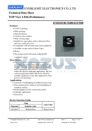 67-B21SURC-S400-E13-TR8 datasheet - Technical Data Sheet TOP View LEDs(Preliminary)